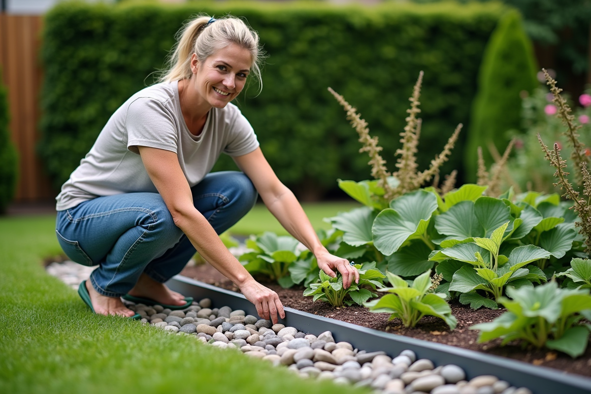Femme d'âge moyen arrangeant des bordures de jardin naturelles