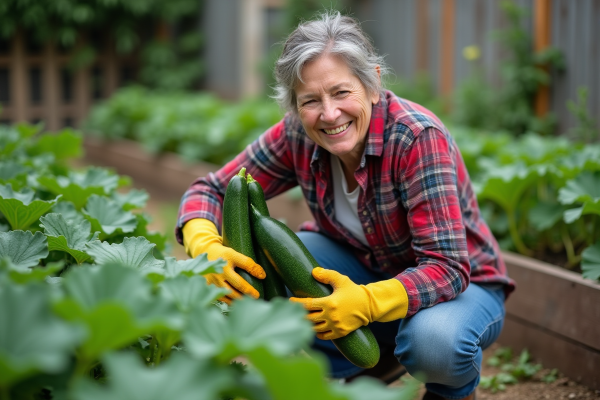 Femme souriante dans son potager avec courgettes et concombres