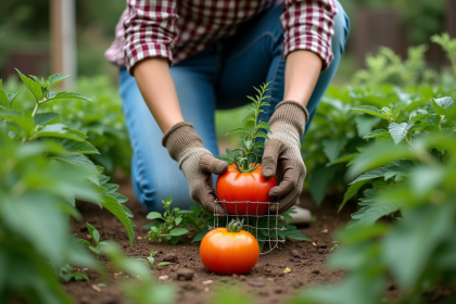 Femme au jardin installant une barriere en fil de fer autour d'une tomate