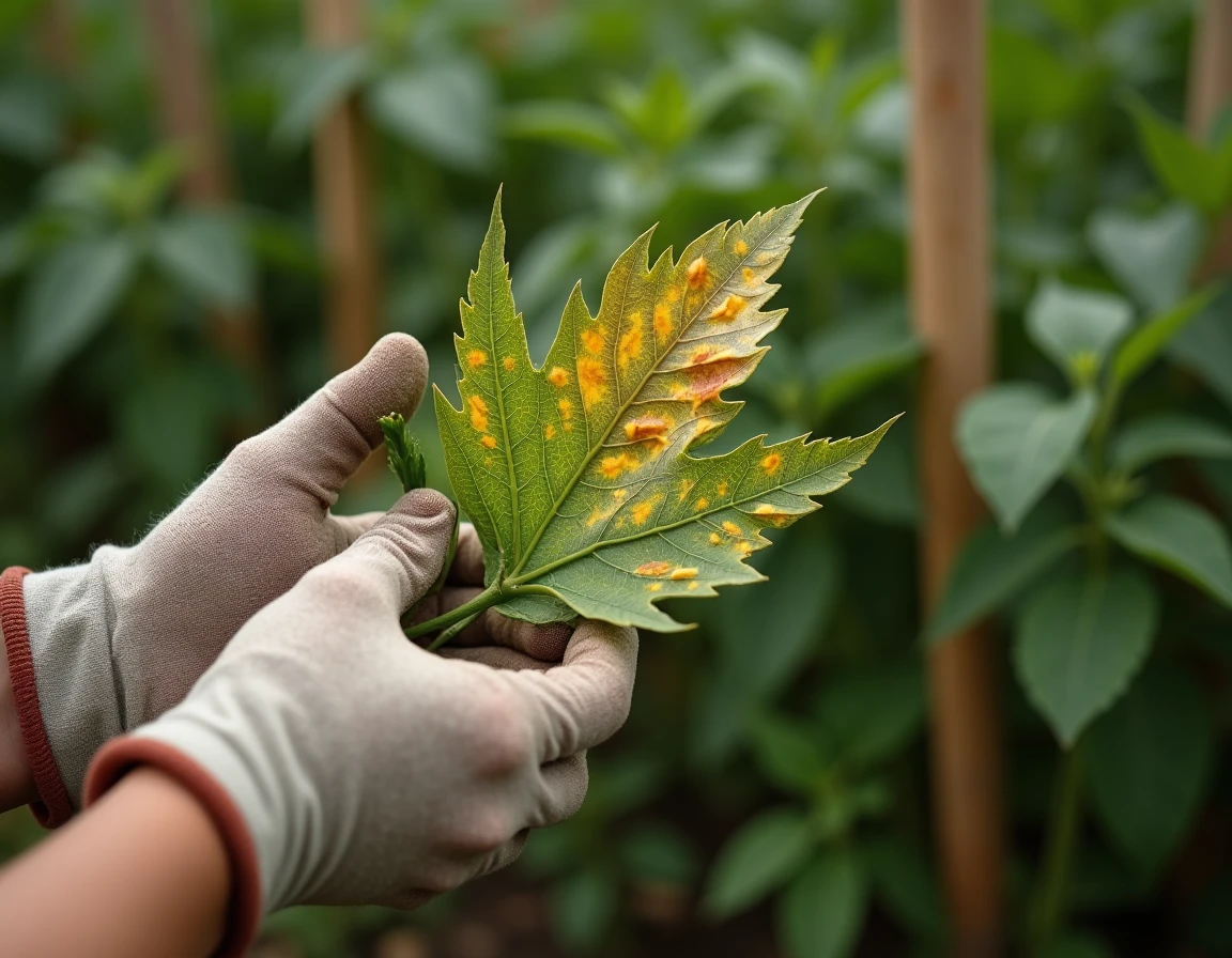 Jardinier tenant une feuille de tomate malade avec taches blanches et jaunissement, examinée de près dans le potager