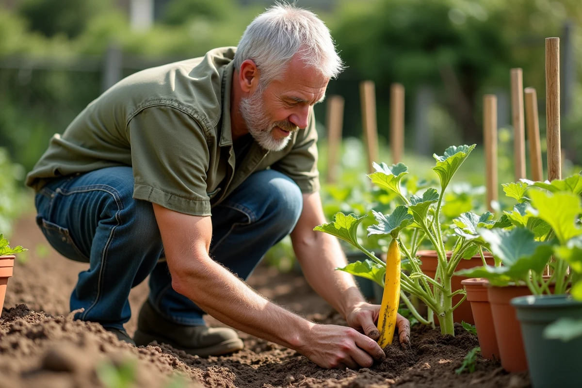 Jardinier inspectant une tige de courgette jaunie et flétrie dans un potager