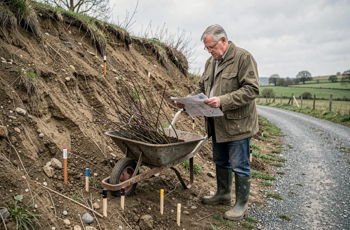Jardinier âgé planifiant la plantation d'arbustes mellifères locaux sur un talus au printemps avec une brouette de plants