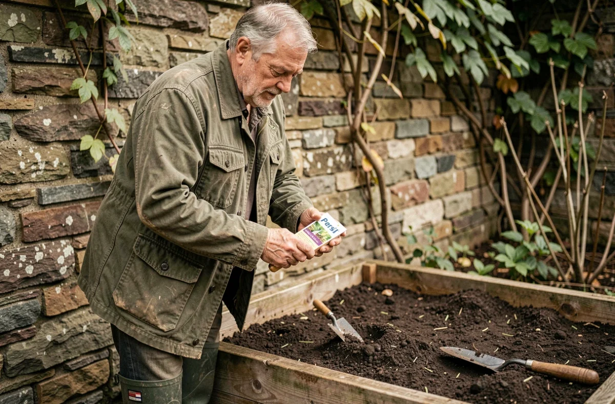 Jardinier senior examinant un sachet de graines de persil avant de les semer dans une jardinière surélevée