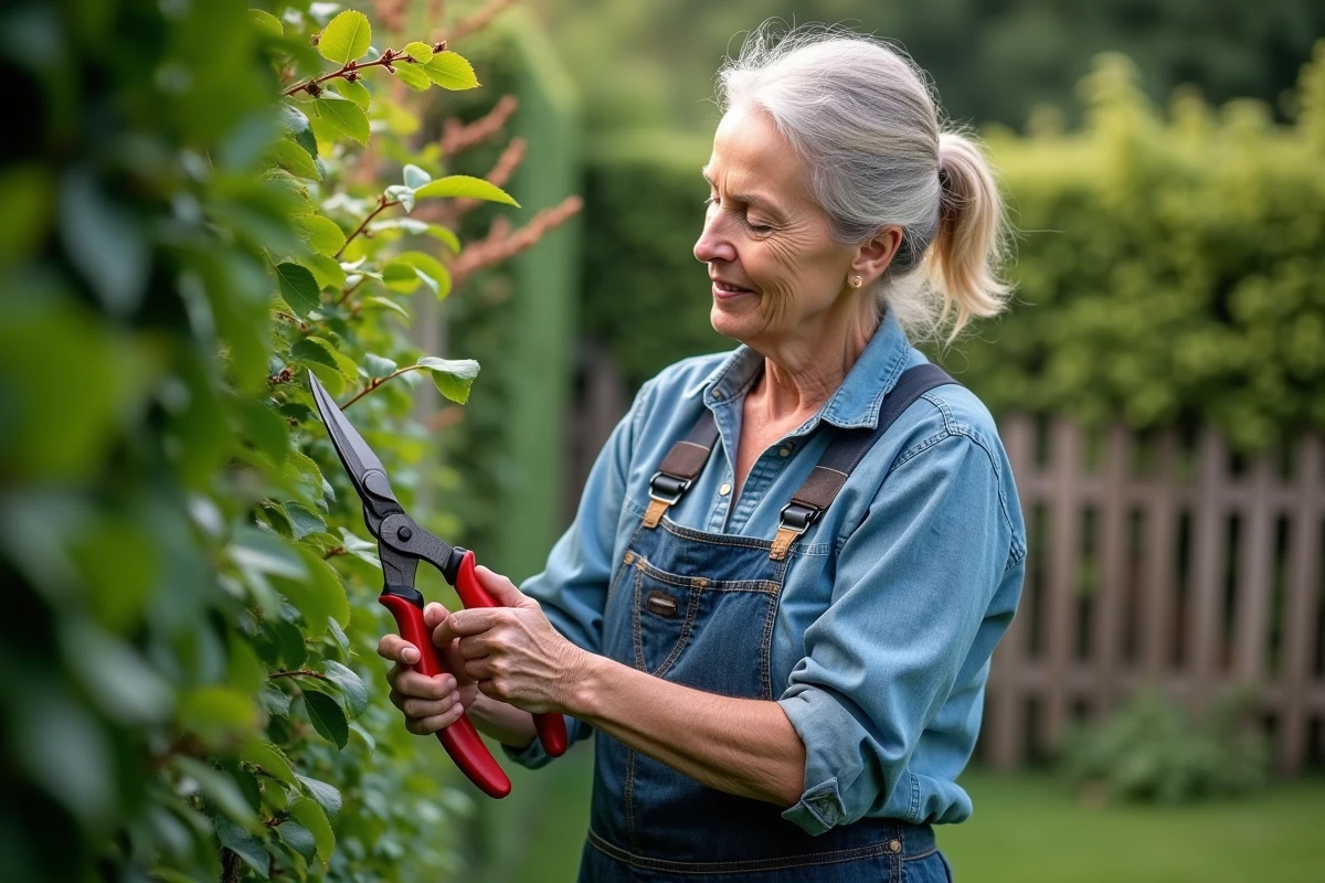 Femme en jardinage taillant un laurier avec des ciseaux
