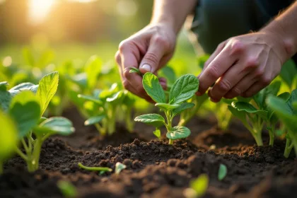 Mains de jardinier arrachant des mauvaises herbes dans un jardin luxuriant
