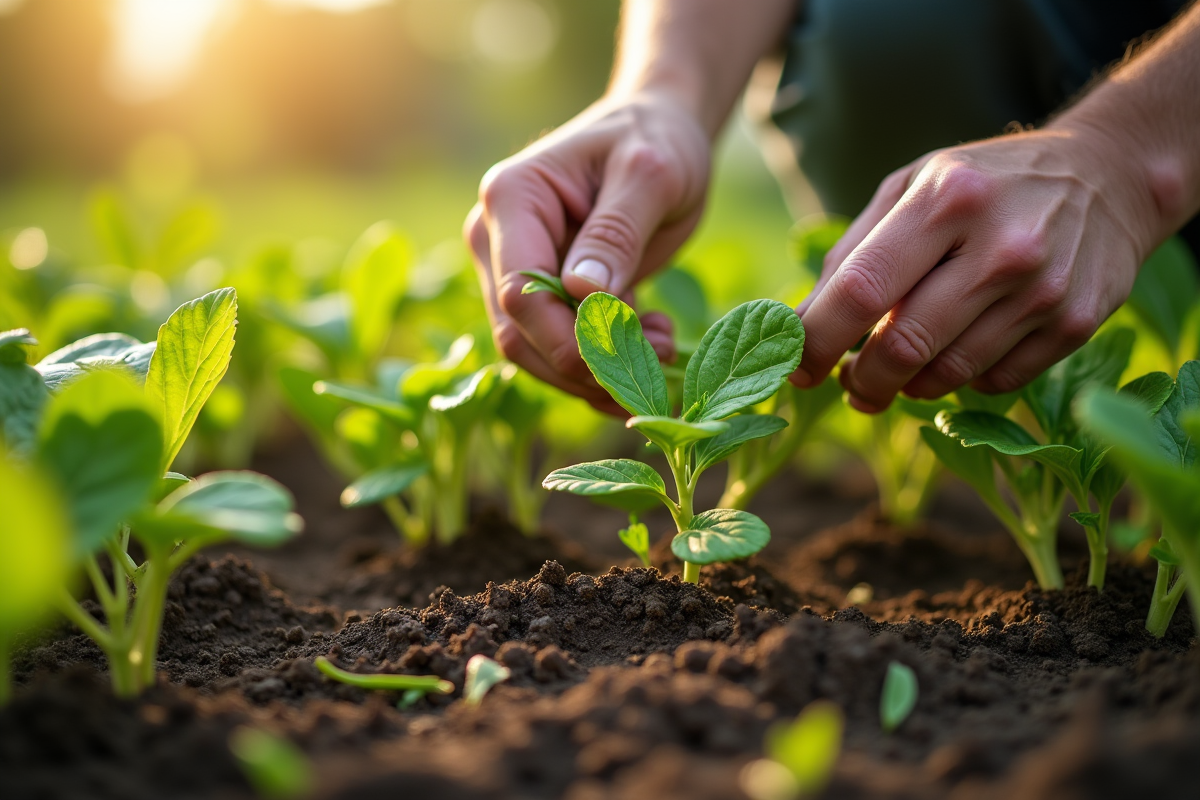Mains de jardinier arrachant des mauvaises herbes dans un jardin luxuriant
