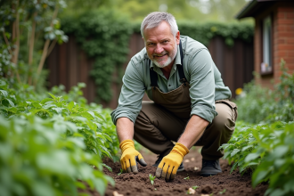 Homme en jardinage compostage légumes