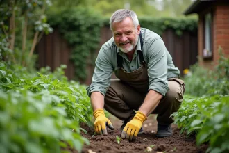Homme en jardinage compostage légumes
