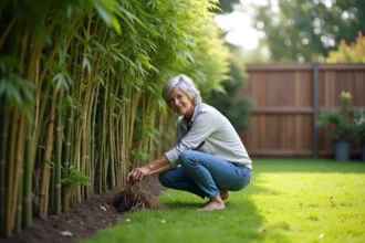 Femme en jardinage avec bambou bien taillé dans son jardin