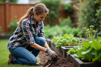 Femme jardiniere examine la terre dans son jardin