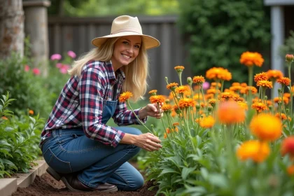 Femme jardiniere avec chapeau en toile inspectant lisianthus