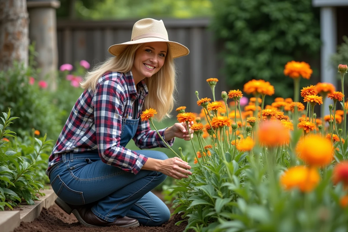 Femme jardiniere avec chapeau en toile inspectant lisianthus