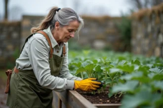 Jardinière examinant un plant de melon dans un potager surélevé en climat frais et nuageux