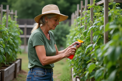 Femme jardiniere inspectant des feuilles de tomates saines