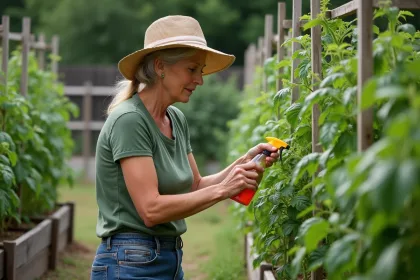 Femme jardiniere inspectant des feuilles de tomates saines