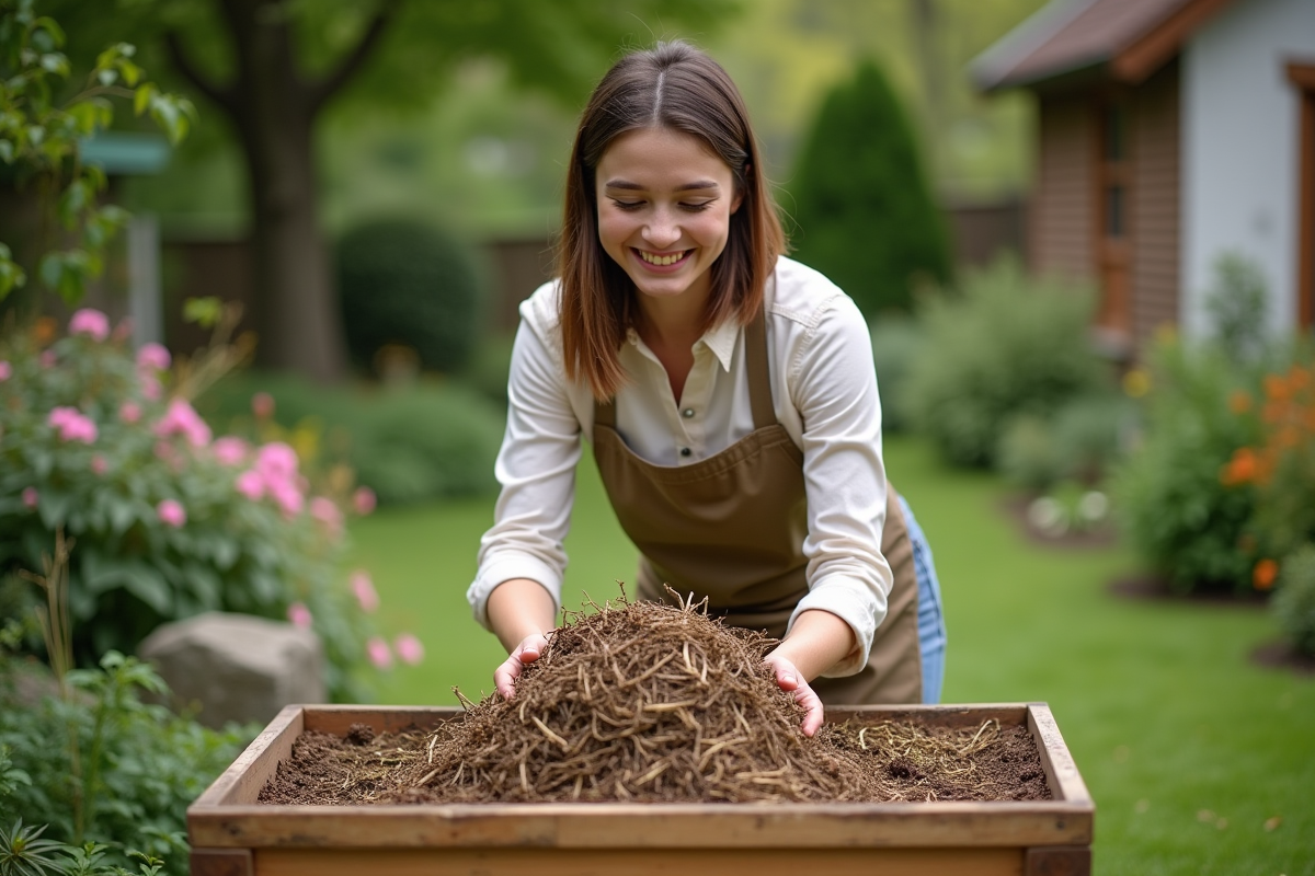 Jeune femme récoltant compost dans le jardin