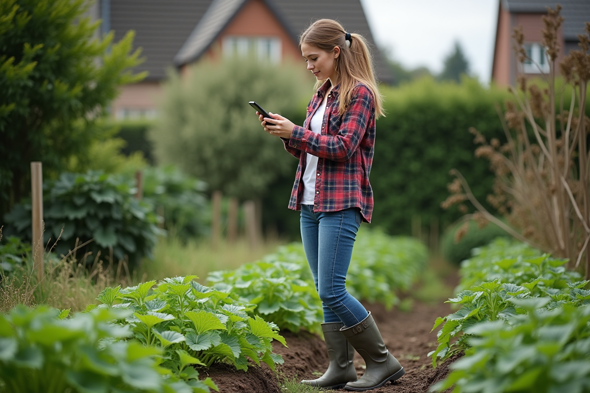 Jeune femme consulte son smartphone dans un potager avec des orties
