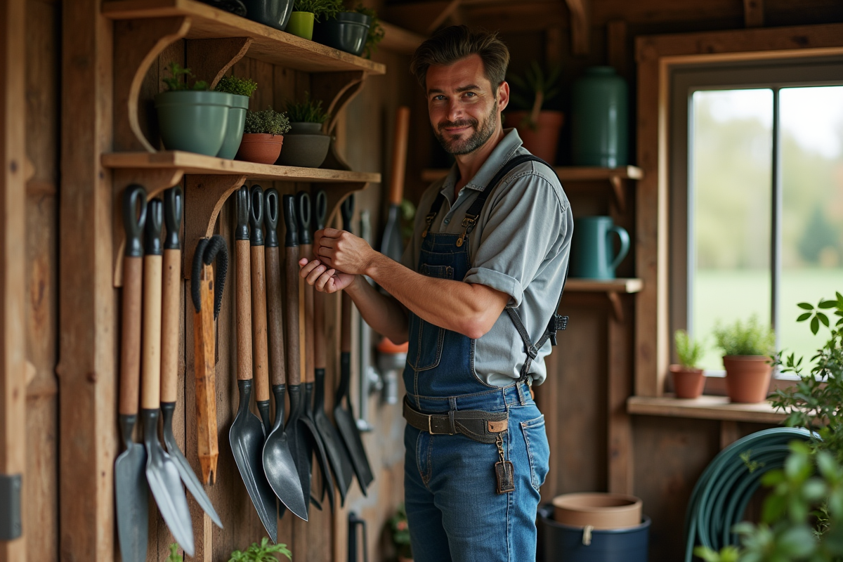 Jeune homme vérifiant ses outils dans un atelier jardin