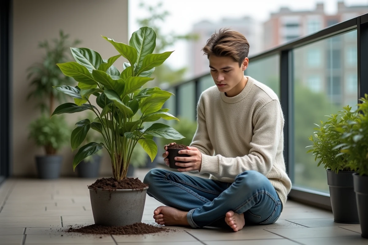 Jeune homme inspectant un ficus sur un balcon urbain