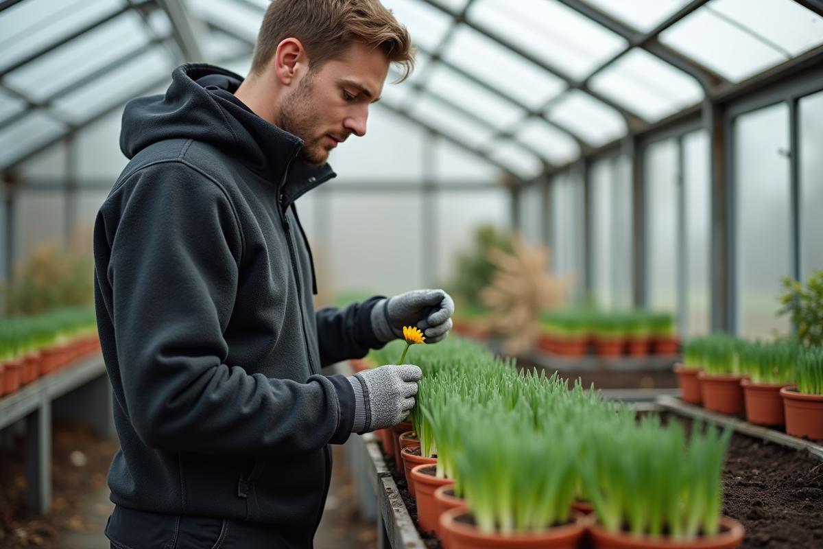 Jeune homme examinant des bulbes dans une serre moderne
