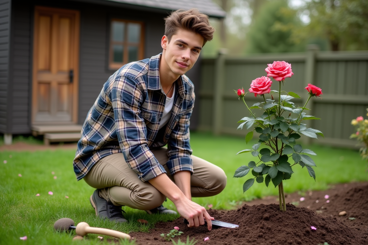 Jeune homme fertilisant un rosier dans le jardin