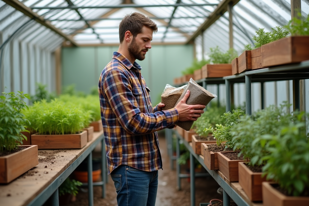 Jeune homme dans une serre compare deux sacs de terreau