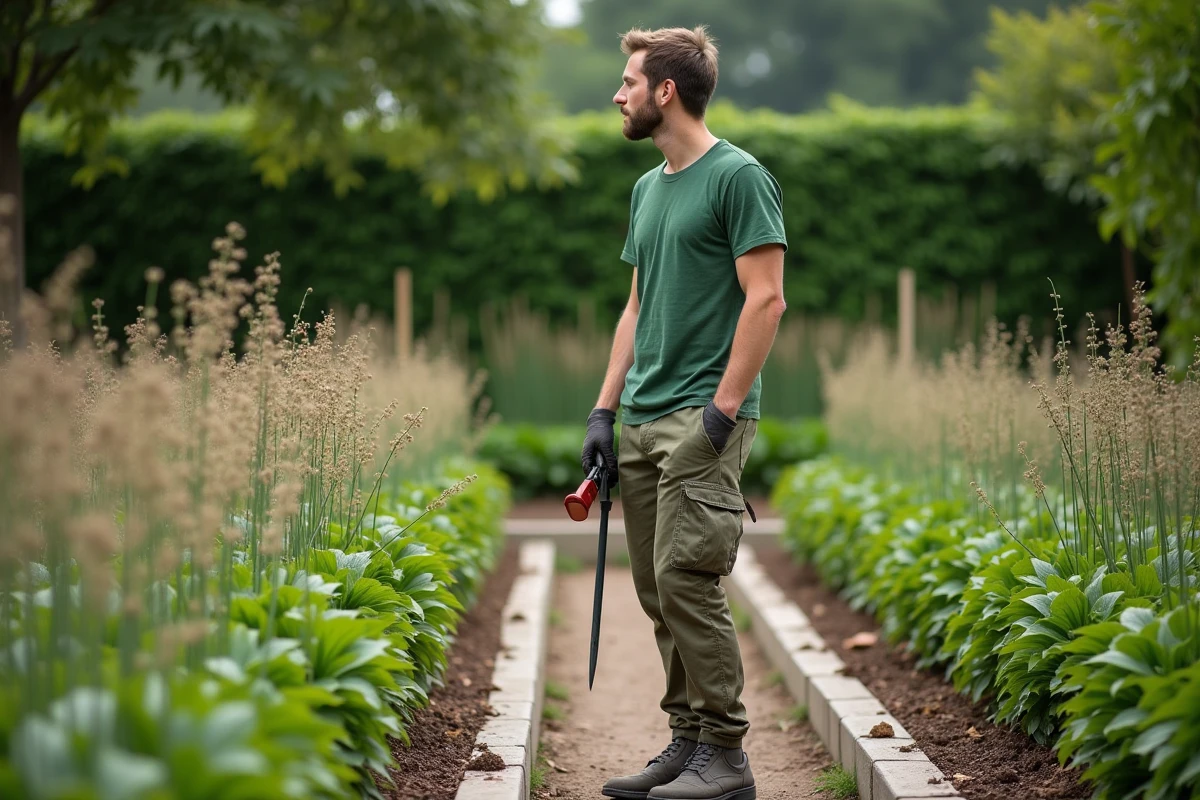 Jeune homme en vert observant lisianthus dans le jardin