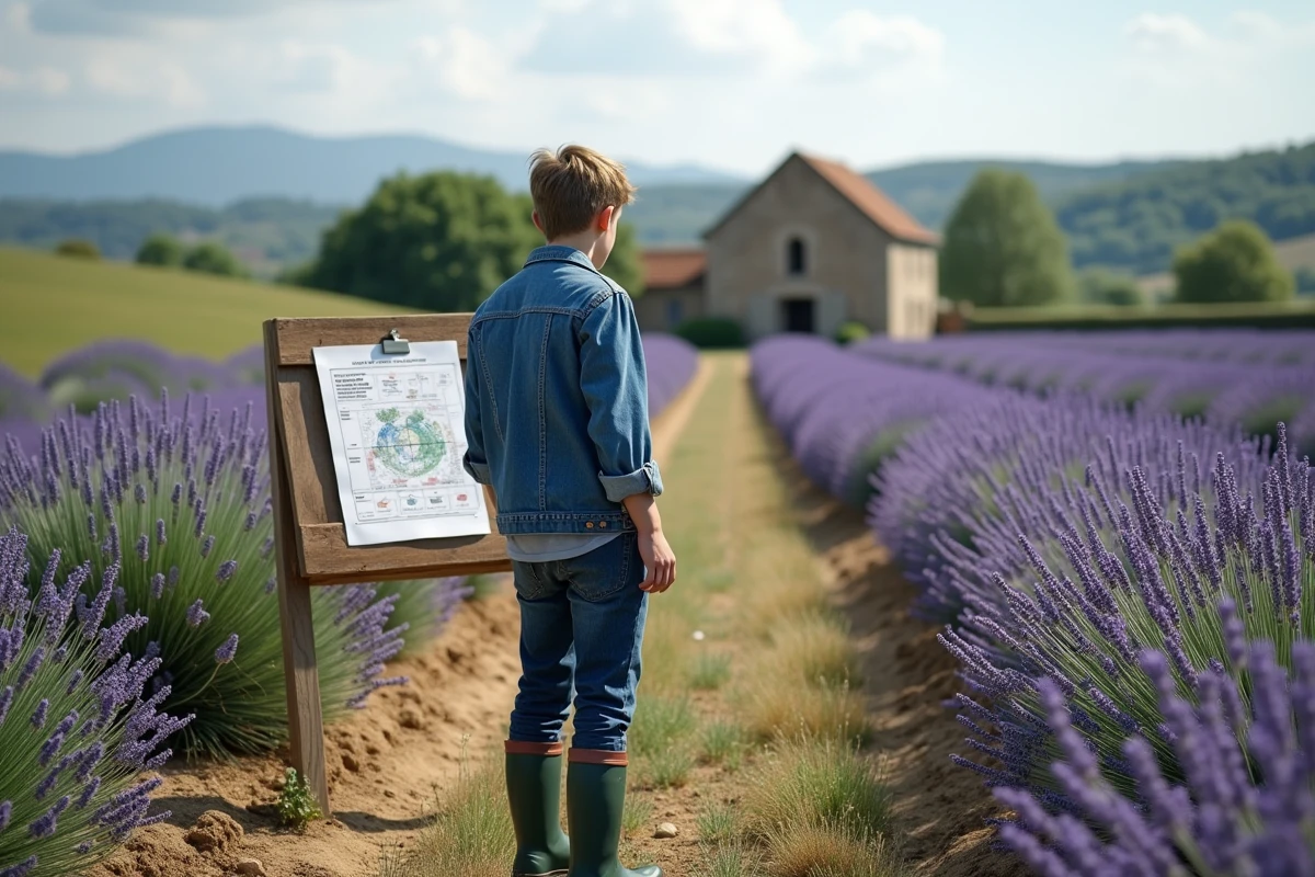 Jeune homme vérifiant la distance entre lavandes