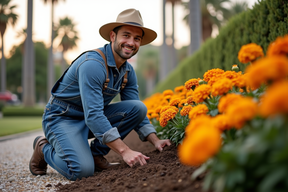 Jeune homme en overalls arrangeant du paillis dans un jardin