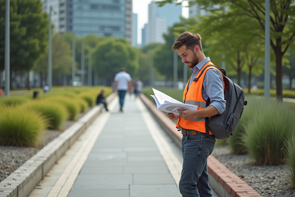 Jeune homme examinant des panneaux sur les bordures de chemin