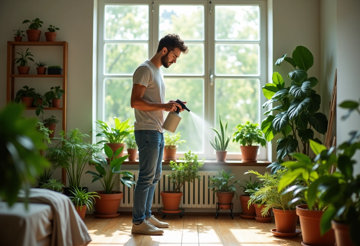 Jeune homme vaporise une solution sur des plantes en pot