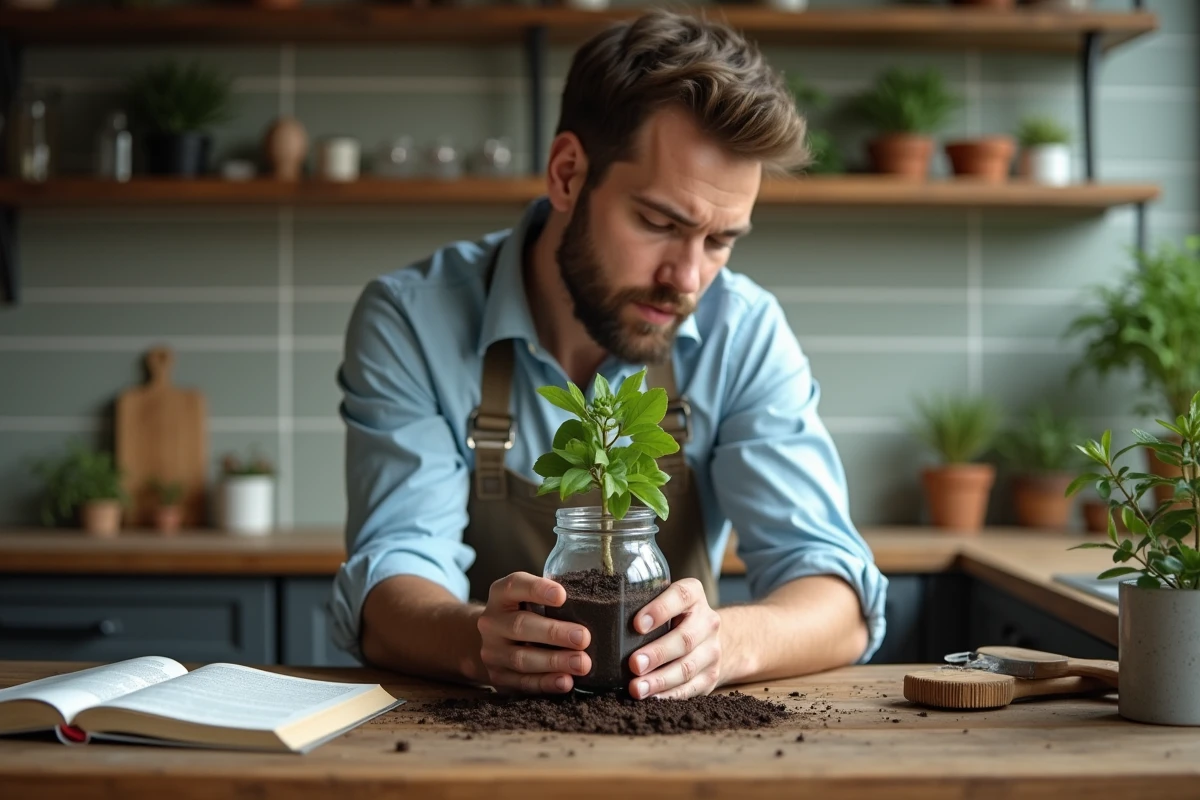 Jeune homme plantant une branche de bougainvillea en intérieur