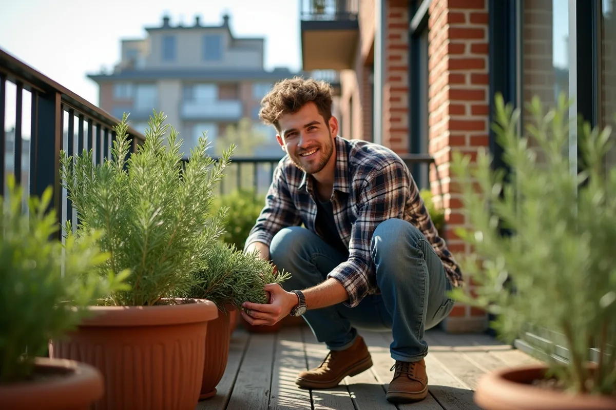Jeune homme cultive des herbes aromatiques sur une terrasse urbaine