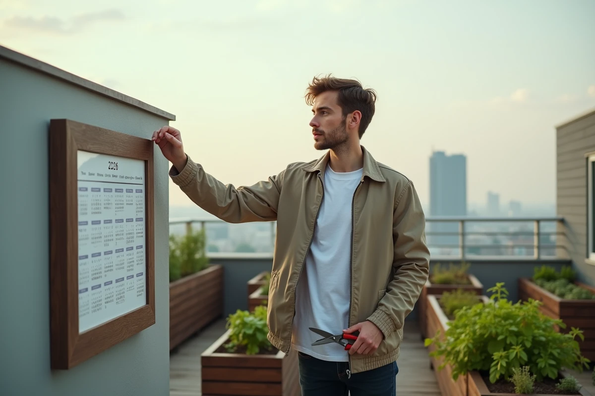 Jeune homme vérifiant un calendrier lunaire sur un rooftop