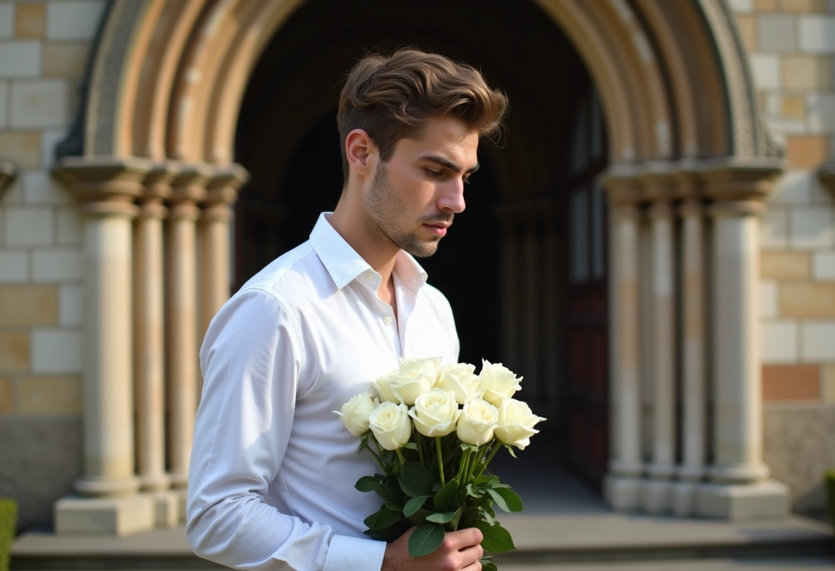 Jeune homme français tenant un bouquet de roses devant une église