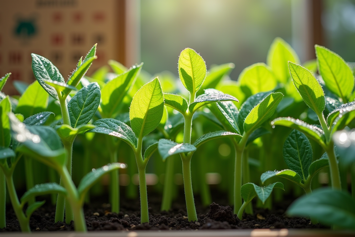 Jeunes plants de haricots verts avec gouttes de rosée au matin