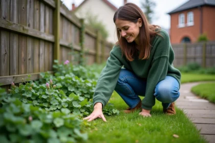 Femme inspectant un gazon de trèfle et thym en jardin