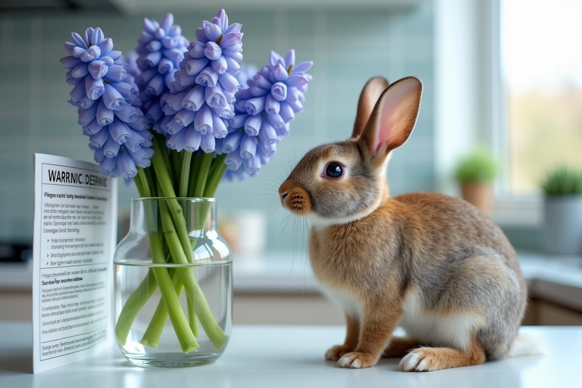 Lapin domestique assis près d'un vase de jacinthes coupées sur un comptoir, danger de plante toxique pour les lapins