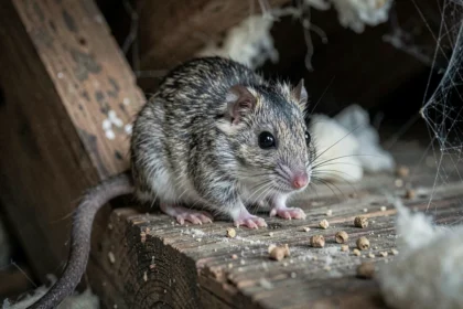 Loir gris perché sur une poutre en bois dans un grenier avec des crottes visibles autour de lui