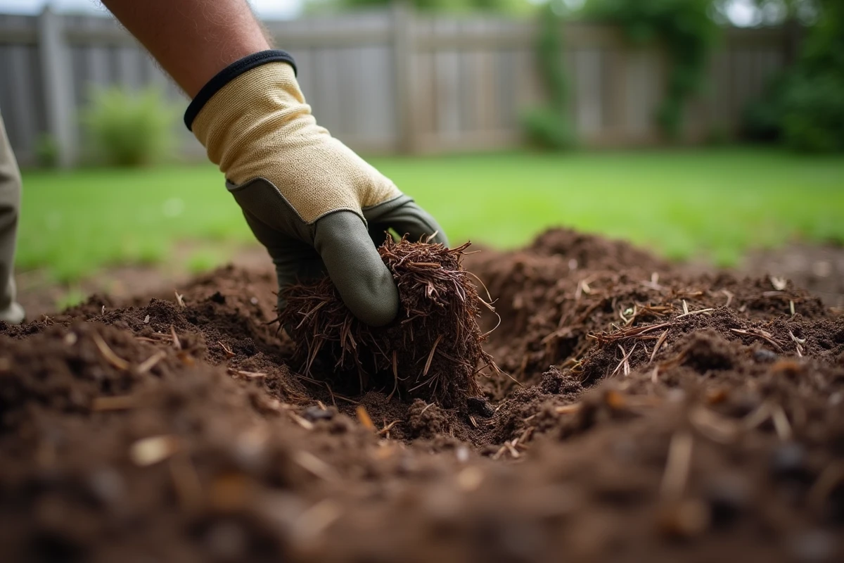 Main gantée soulevant du mulch pour révéler la terre