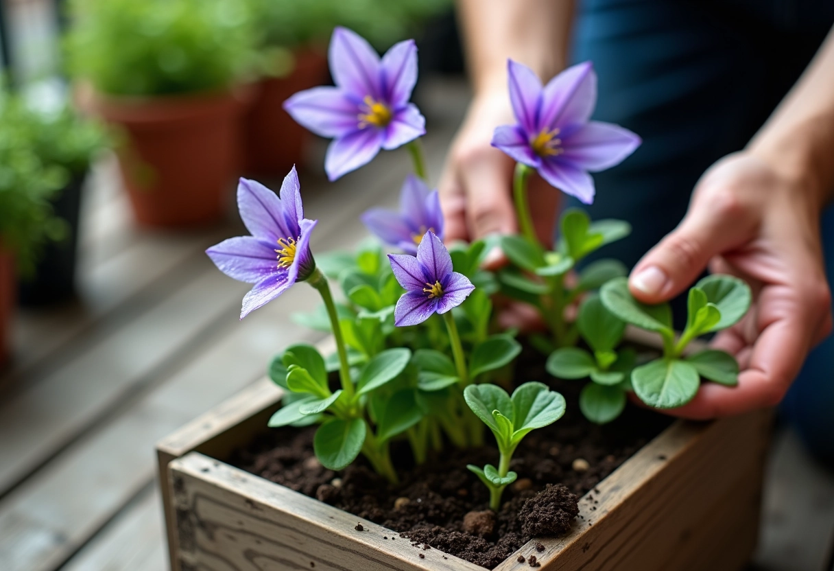 Mains de jeune homme plantant des violettes dans un jardiniere
