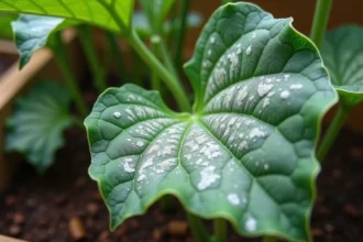 Gros plan sur une feuille de courgette atteinte d'oïdium avec des taches blanches poudreuses visibles