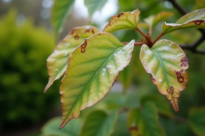 Feuilles de lilas du Japon atteintes d'oïdium avec taches blanches et jaunissement, gros plan réaliste en jardin