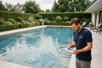 Vue grand angle d'une piscine résidentielle moderne dans le Nord de la France avec un pisciniste professionnel effectuant des tests de qualité de l'eau