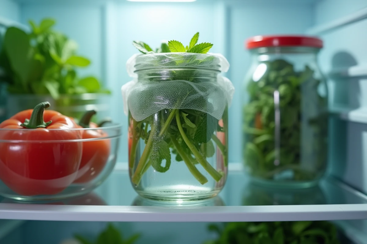 Bocal en verre avec des tiges de menthe fraîches conservées dans l'eau à l'intérieur d'un réfrigérateur ouvert