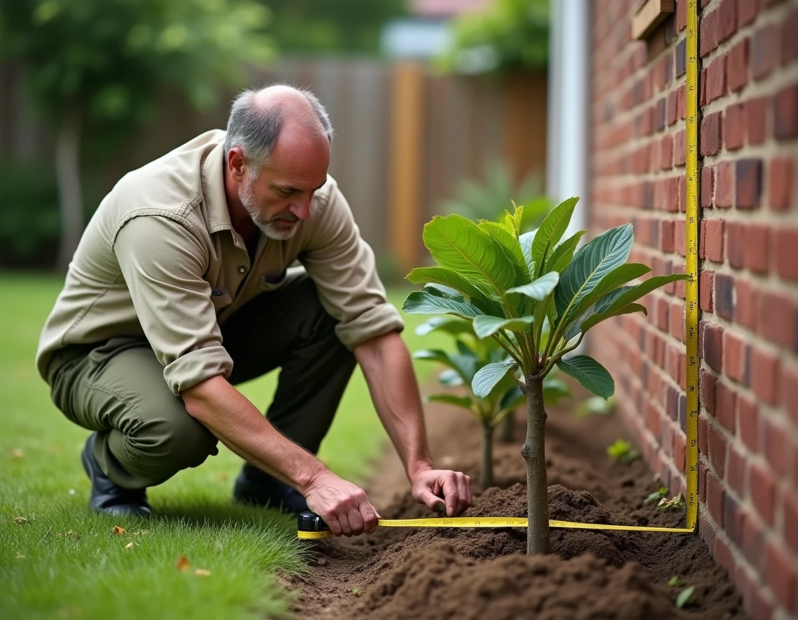 Jardinier mesurant la distance de plantation d'un jeune eucalyptus Cider Gum près d'un mur de jardin