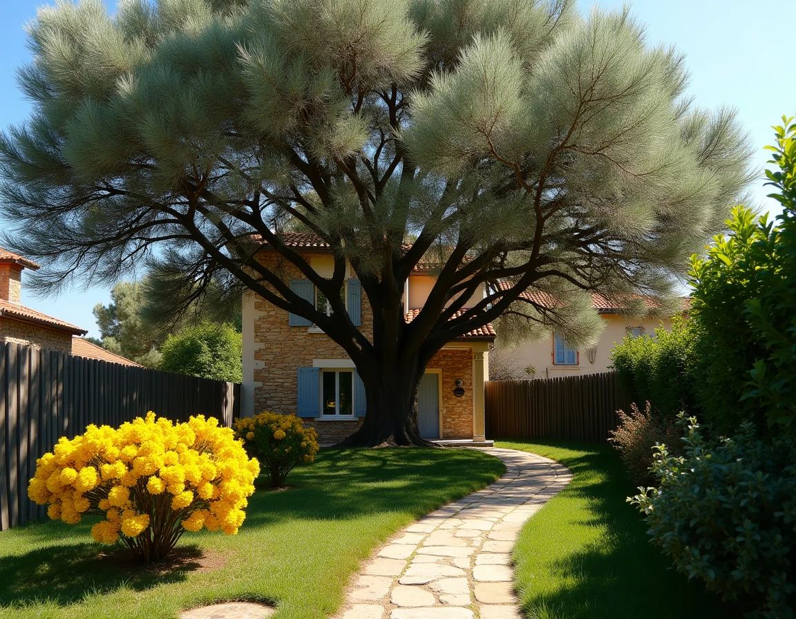 Mimosa envahissant dépassant largement une clôture et masquant la façade d'une maison provençale dans un jardin négligé