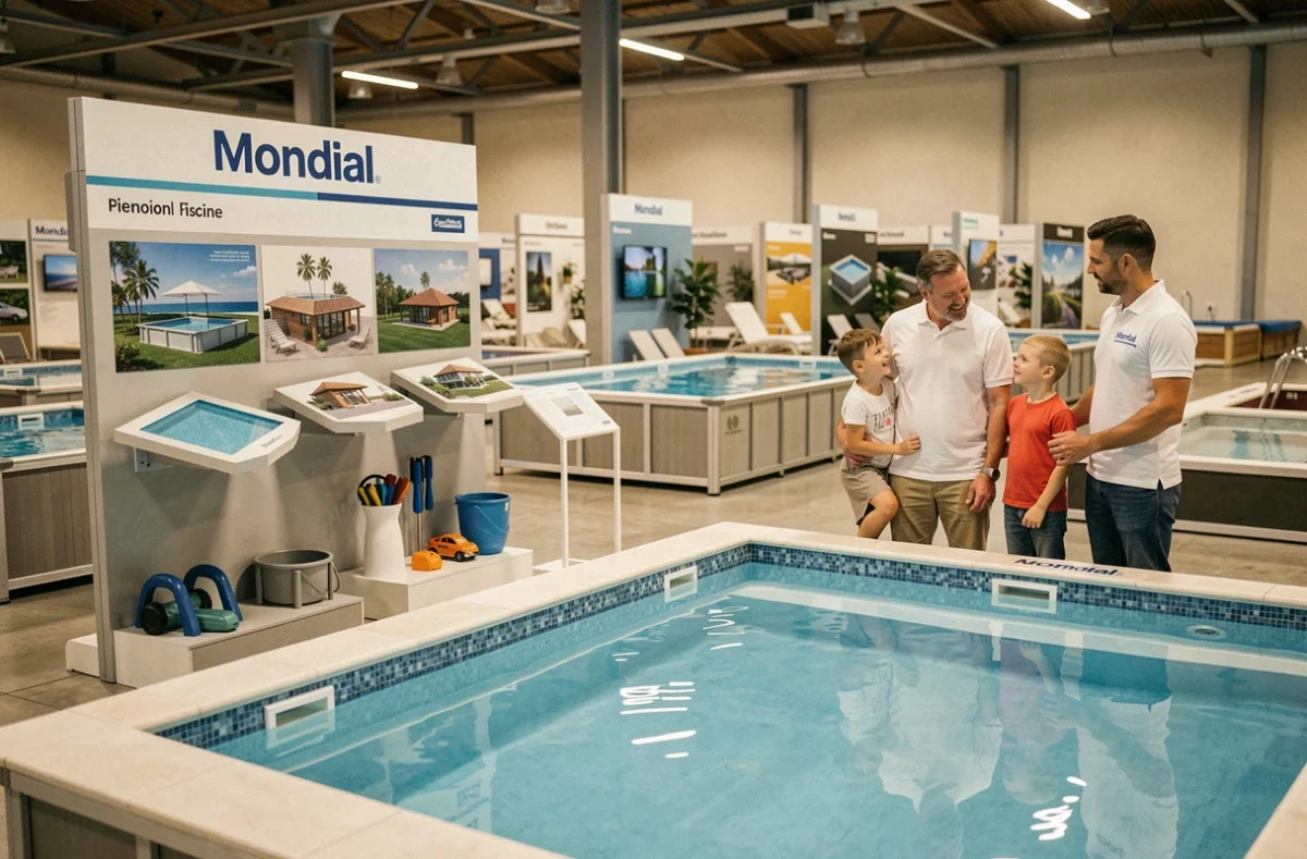 Stand Mondial Piscine dans un salon professionnel avec un représentant accueillant une famille devant un modèle de piscine