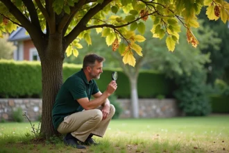 Jardinier examinant un mûrier platane atteint de maladie avec des feuilles jaunies et des taches nécrotiques dans un jardin résidentiel