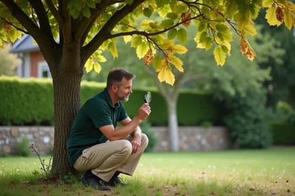 Jardinier examinant un mûrier platane atteint de maladie avec des feuilles jaunies et des taches nécrotiques dans un jardin résidentiel